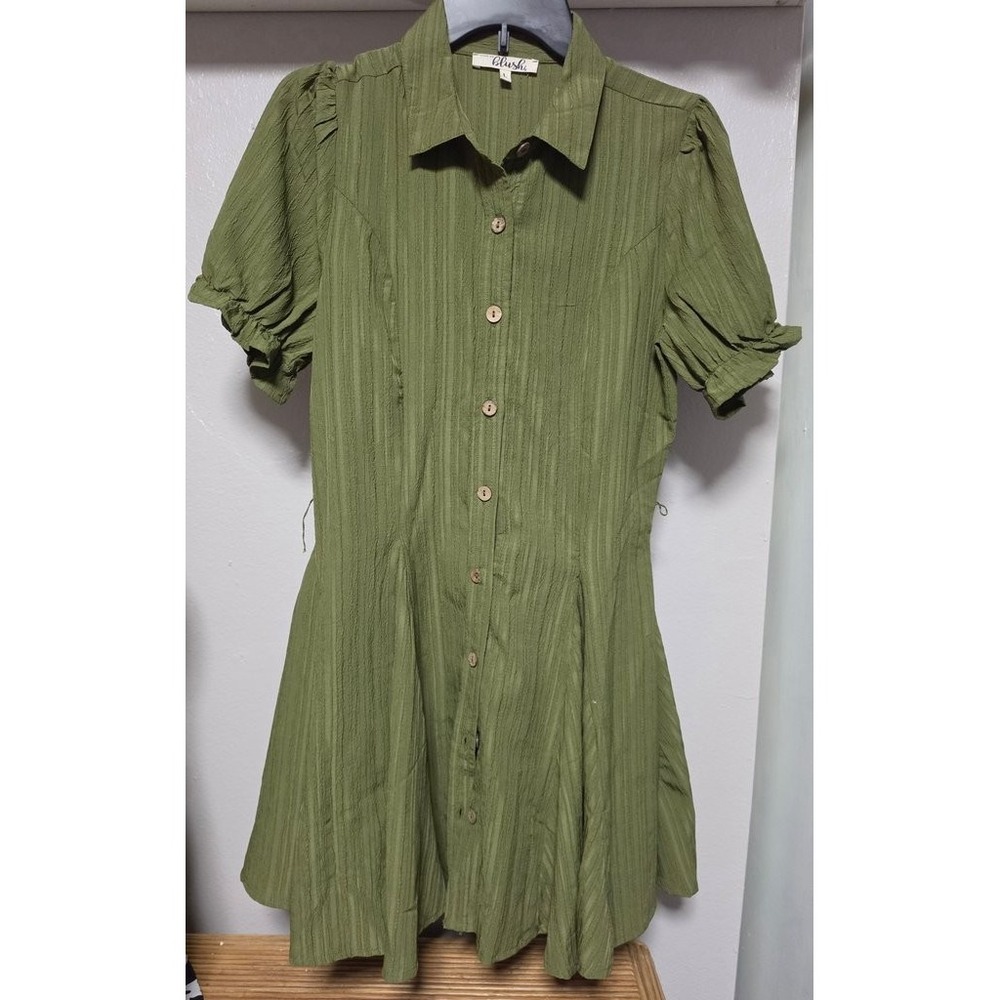 Blush Green Short Sleeve Button Up Textured Cotton Midi Dress Womens Large